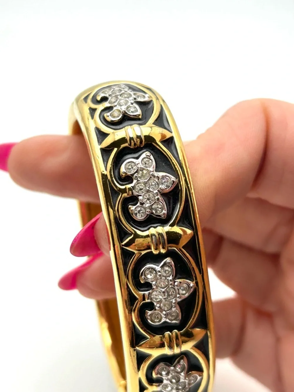 Swarovski Crystal Black Fleur Di Lis Hinged Bangle Bracelet - Picture 6 of 7